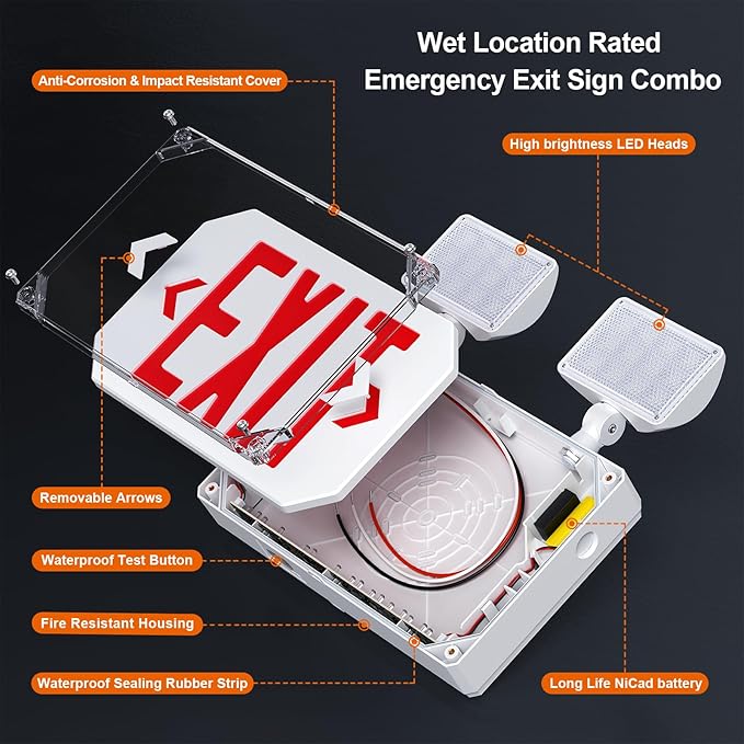 Wet Location Exit Sign with Emergency Lights,Exterior Red LED Exit Light Combo,Double Side exit Sign with Battery Backup,Outdoor Waterproof Exit Light,Adjustable Heads,120/277VAC,UL Listed (1 Pack)