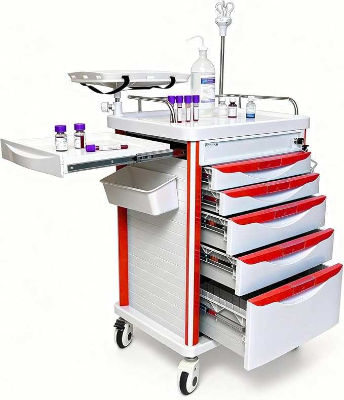 Pochar Medical Crash Cart with Emergency Accessory - Cardiac Board, IV Pole, O2 Holder, Power Strip, Trash Bin, Drawers with Dividers - Mobile Emergency Cart for Hospitals and Clinics
