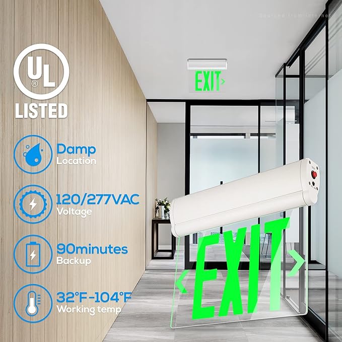 LEONLITE Emergency Exit Sign, LED Edge Lit Exit Sign, Exit Light with Battery Backup, UL Listed, Double Sided, Rotating Acrylic Clear Panel, Top/Side/Wall Mount, 120/277V, Green, Pack of 4