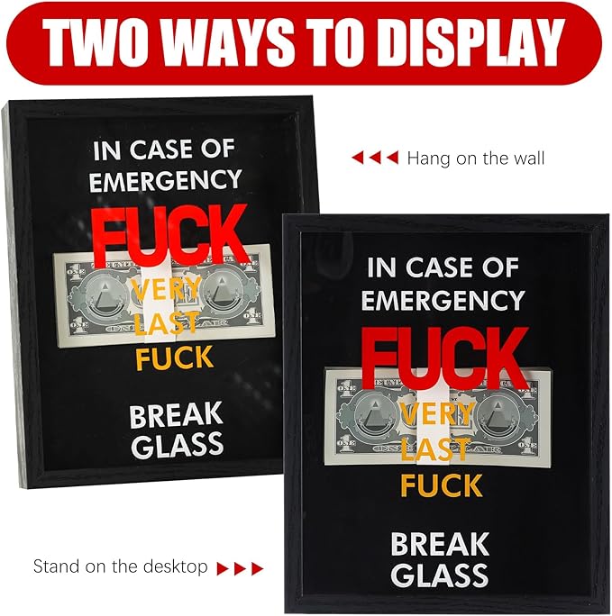 Marsui Emergency Break Glass Box with Hammer White Elephant Gag Gift 10"x8"x3" Wooden Display Case Wall Mountable for Christmas Birthday Money Not Included(Playful Emergency Box)