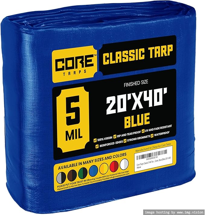 Core Tarps Classic 5 Mil Tarp Cover, Waterproof, UV Resistant, Rip and Tear Proof, Poly Tarpaulin with Reinforced Edges for Roof, Camping, Patio, Pool Cover, Boat (Blue 20′ X 40′)