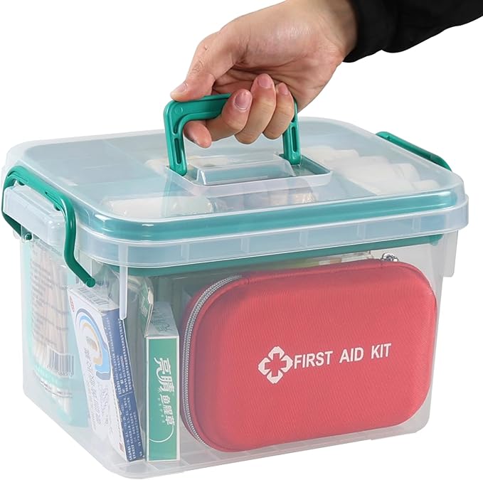 Medical Box, Plastic First Aid Storage Box, Emergency Supplies Medicine Organizer with Handle/Detachable Tray, Clear