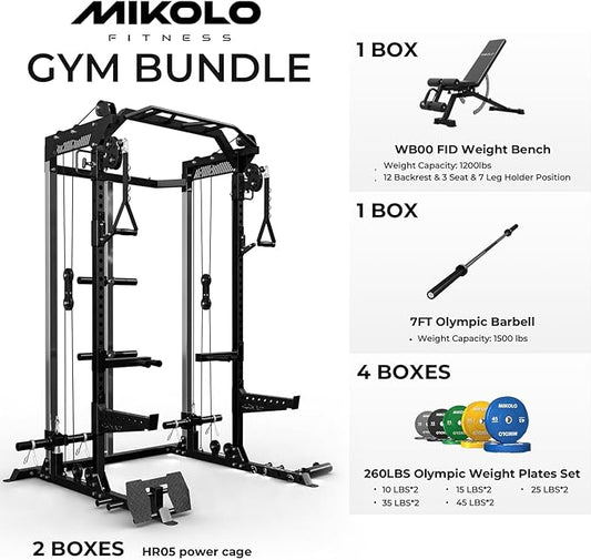 Mikolo Power Cage, 2000LB Power Rack with Independent Dual Pulley System, Multi-Function Home Gym Workout Machine for Cable Crossover