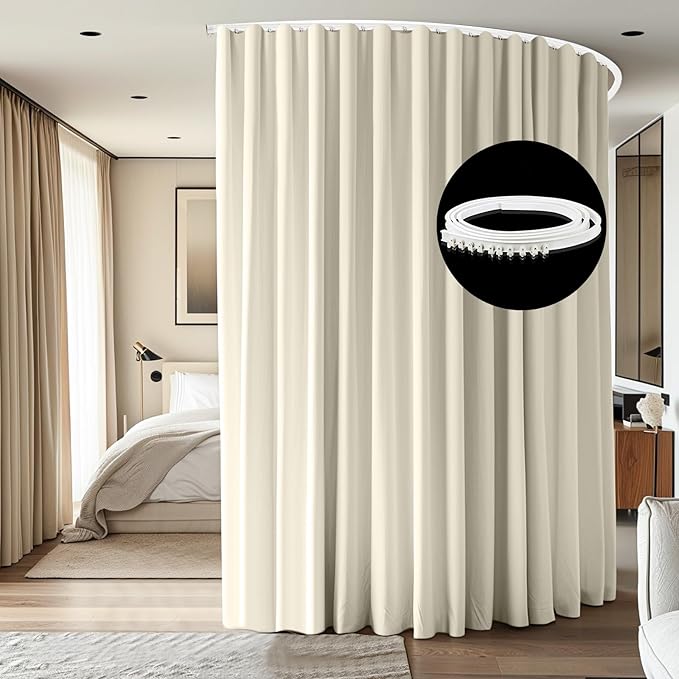 Room Divider Ceiling Mounted Curtains Track Sets Extra Wide Blackout Curtain Flexible Tracks for Bedroom Privacy Partition Separator, 1 Panel Beige Drape and White Rail, W10 x H7ft