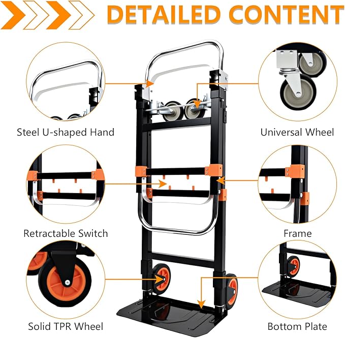 SST Upgraded Folding Hand Truck Dolly Cart, 660 LB Heavy Duty Luggage Cart, 3 in 1 Folding Hand Cart with Wheels and Bungee Cords for Moving Travel Shopping Airport Office