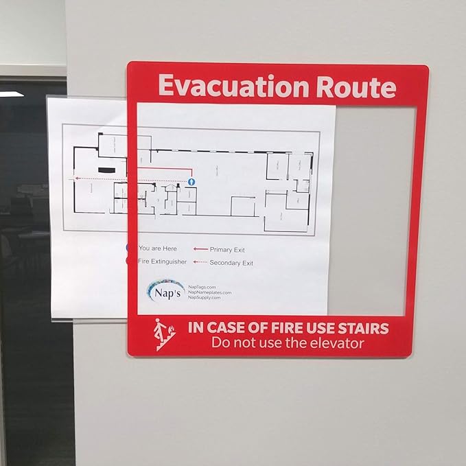 Evacuation Route Map Holder, Clear Plastic Reverse Printed in Red, 8.5" x 11" Pocket For Sign, Adhesive tabs included for easy installation to any door or wall, 11.5" x 11.5"