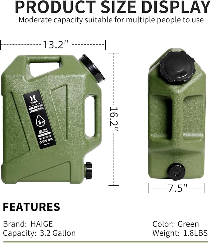 HAIGE 3.2 Gallon Water Container with Spigot, Heavy-Duty Portable Water Jug with Dual Handles, BPA-Free Camping Water Storage for Outdoor, Car Travel, Emergency, Home Drinking & Party Cold Drinks