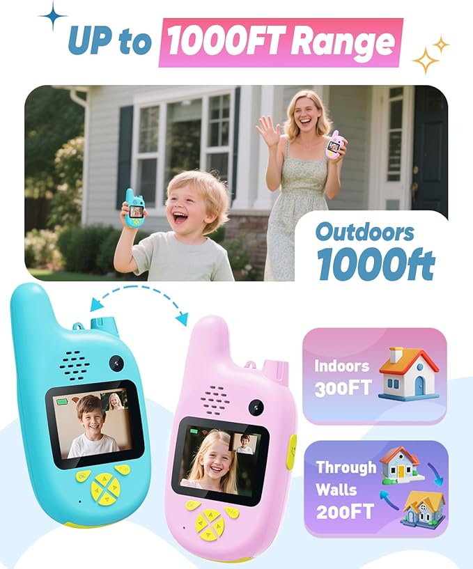 Video Walkie Talkies for Kids, 2 Pack Rechargeable Toys Walkie-Talkies, Dual Camera & Voice Changer, Gifts for Boys Girls Age 3-12 Birthday Christmas, Long Range Adventure Game Camping Outdoor Indoor