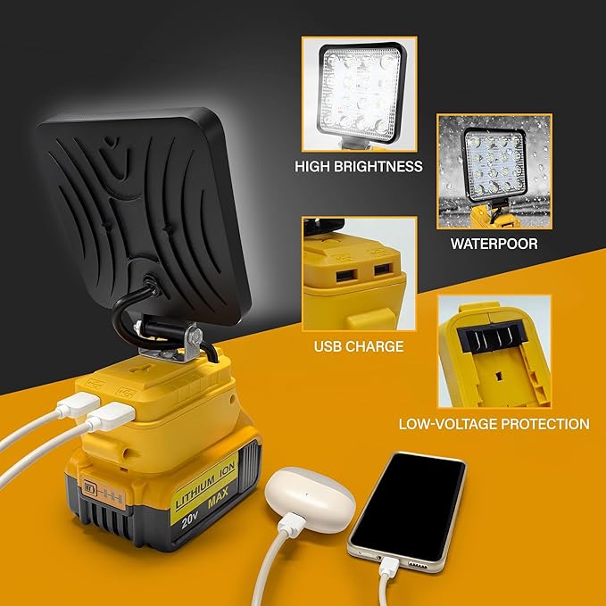2pcs Cordless Work Light Compatible with DEWALT 20V Battery.48W 3800LM Wide Beam Flood Light with Two USB Charging Port Flashlight for Emergency,Workshop,Garage.(No Battery)