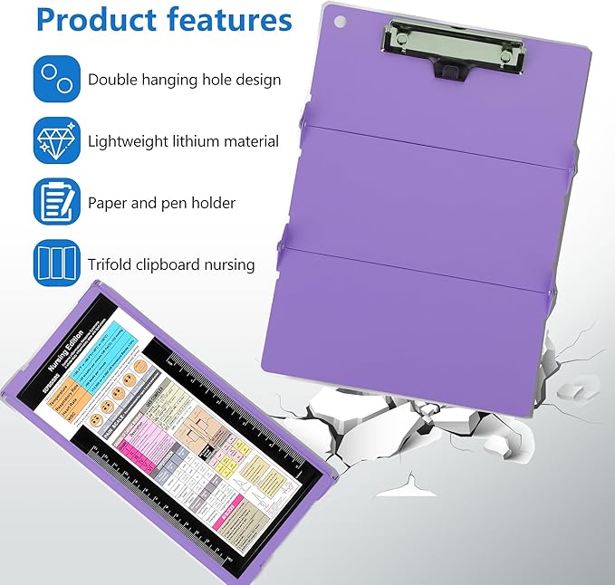 Nursing Foldable Medical Clipboard, Edition Cheat Sheets Lithium 3 Layers Foldable Clipboards Nursing Pocket Size Profile Clip Nurse Clipboards Notepad for Nurses Students and Doctors, Purple