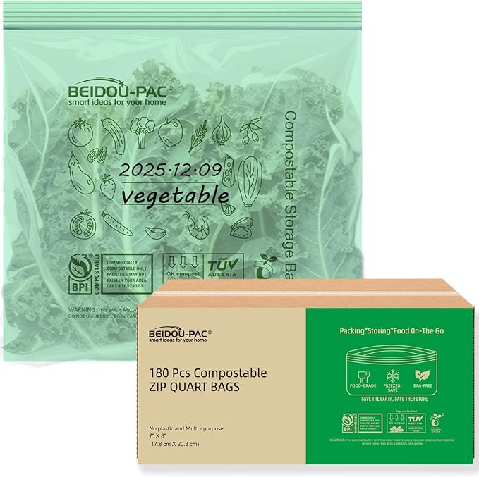 Compostable Quart Food Storage Freezer Bags, 180 Count | 2 Mil | 8 IN x 7 IN, Freshness Easy Open Biodegradable, Eco-Friendly Reclosable Compost Zipper Bags