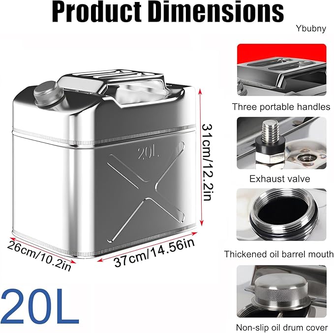5.28 Gallon Metal Water Storage Containers Can, 308 Stainless Steel Camping Water Container Portable Water Storage Can, Emergency Water Storage Jug for Outdoor Home Car