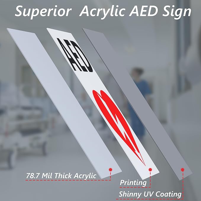 AED Projecting Sign With AED Graphic, 5'' x 9'' Plastic Panel with 4 Pre-Drilled Mounting Holes & Double Sided Tapes, AED Wall Mounted Sign for Outdoor & Indoor