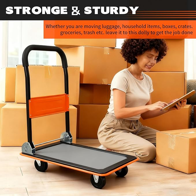 Orange Folding Platform Hand Truck 330 lbs Capacity, Heavy Duty Steel Flatbed Dolly with 360° Silent Wheels, Foldable Push Cart for Warehouse, Home, and Office Use