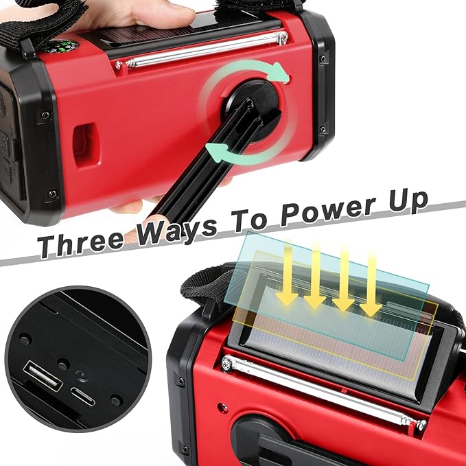 Emergency Crank Radio10000mAh/37000mWh AM/FM/NOAA Weather Radio , Solar/Hand Crank/USB Charging, LED Flashlight and Cell Phone Charger for Christmas gifts Outdoor, Camping & Home Emergencies
