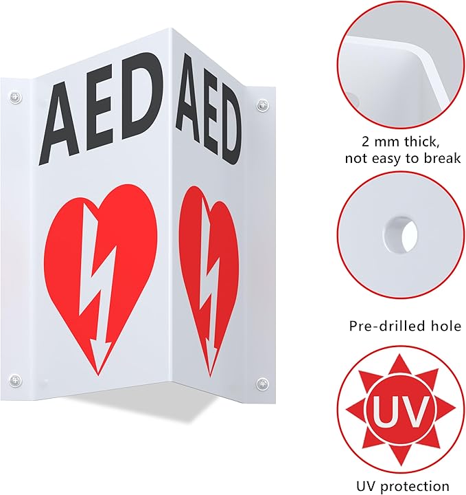 AED Projecting Acrylic Emergency Sign: 9" x 7.7" Size Inches AED Sign - Sturdy AED Projecting Signage for Wall Mounting in Public Spaces.