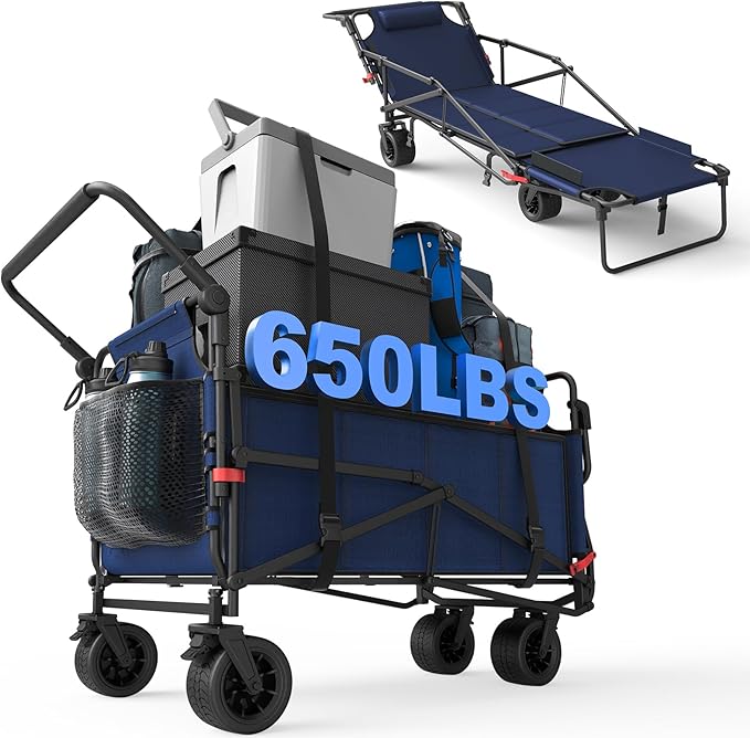 LEVELEVE Heavy Duty Folding Wagon - 2-in-1 Collapsible Cart, 650lb Capacity, All-Terrain Wheels w/Brakes & Side Pockets
