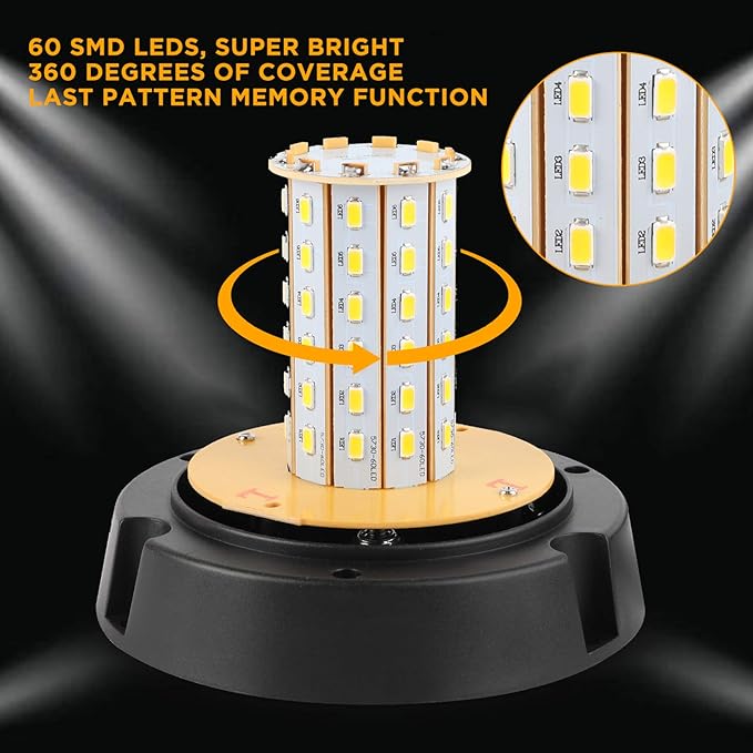 ASPL 2pcs LED Warning Flash Beacon Lights, 60 LED Amber Warning Safety Flashing Strobe Lights with Magnetic and 16 ft Straight Cord for Vehicle Truck Tractor Golf Carts UTV Car Bus,12V-24V