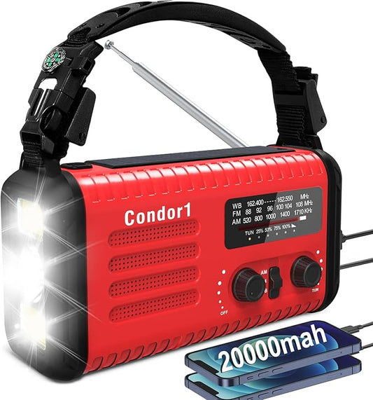 20000mah Emergency Radio, Solar Hand Crank Portable AM FM NOAA Radios, Rechargeable Battery, SOS Alarm, Flashlight, Reading Lamp for Home Outdoor Emergency (Red)