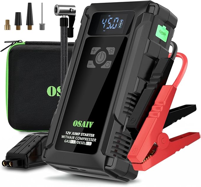 Jump Starter with Air Compressor, 3000A Car Battery Jump Box for 8.5 Gas/6.5L Diesel Vehicles, 150PSI Tire Inflator Auto-Shutoff, 10 Safety Modes, 3-Mode Emergency Light