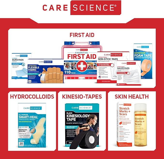 Care Science First Aid Kit, 110 Pieces | Professional Use for Travel, Work, School, Home, Car, Emergency, Survival, Camping, Hiking, and More