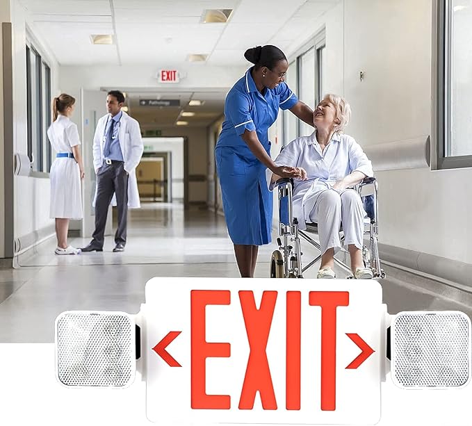 LED Flying Direct LED Combo Exit Sign Emergency Light, Double Sided with Two LED Flood Lights, Exit Signs for Business with Battery Backup, Fire Resistant UL 94V-0, Commercial Grade Brand