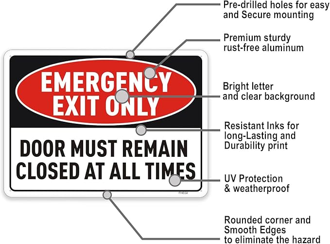 2PC Emergency Exit Only Sign, 10 x 7 Inches - Aluminum - Door Must Remain Closed At All Times Sign, Reflective Rust Free Aluminum, UV Protected, Weatherproof, Easy to Install