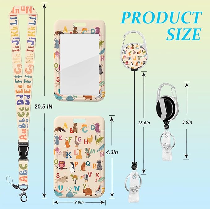 Colorful Alphabet Lanyards for ID Badges English Letter ID Badge Holder with Lanyard Retractable Badge Reel Lanyard Teacher Kids