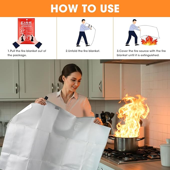Emergency Fire Blanket, 40"x40" Fiberglass Suppression Fire Retardant Blankets for Home, Kitchen, Camping, Grill, Car, Office, Warehouse with Hooks(2 Pack)