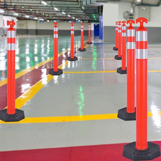 Traffic Delineator Post Cones with Heavy-Duty Octagonal Rubber Base, Channelizer Post Kit for Road Construction Work, Traffic Guidance, Garage Parking, Crowd Control (6, 42")