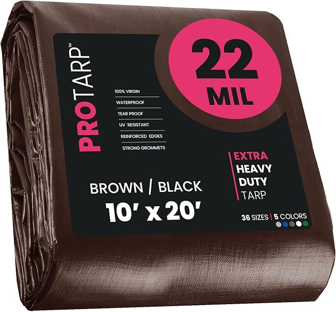 PROTARP Extreme Heavy Duty 22 Mil Tarp Cover, Waterproof, UV Resistant, Rip and Tear Proof, Poly Tarpaulin with Reinforced Edges for Roof, Camping, Patio, Pool, Boat. (Brown/Black 10′ X 20′)