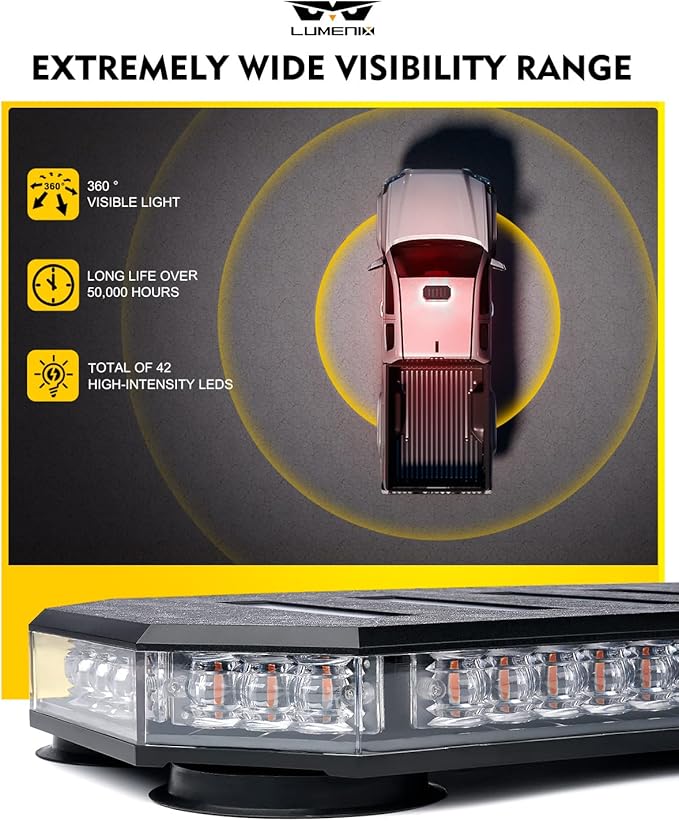 LUMENIX 42 LED Roof Top Strobe Beacon Light Bar Hazard Warning Emergency Flashing Firefighter Lights with Controller for First Responder Vehicles Fire Trucks Snowplow White Red (Patent Design)