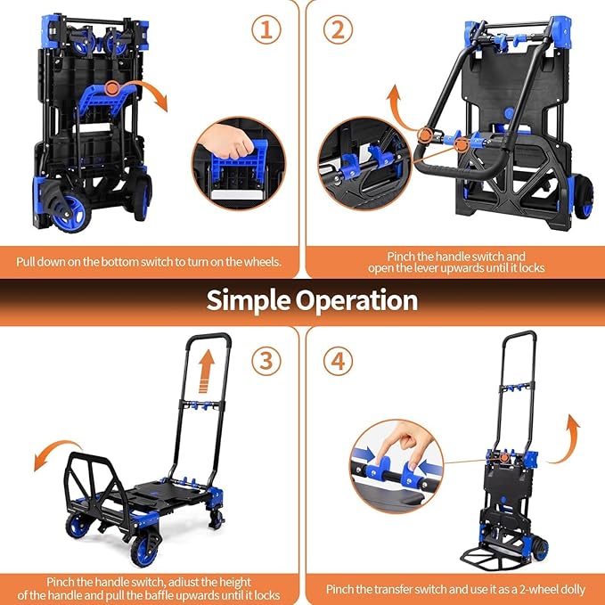 2-in-1Hand Truck Dolly Foldable with Folding Basket, 330LB Folding Hand Truck Heavy Duty Carrying, Combination of 4 Wheels and 2 Wheels Convertible Dolly Cart with Retractable Handle Cart for Moving