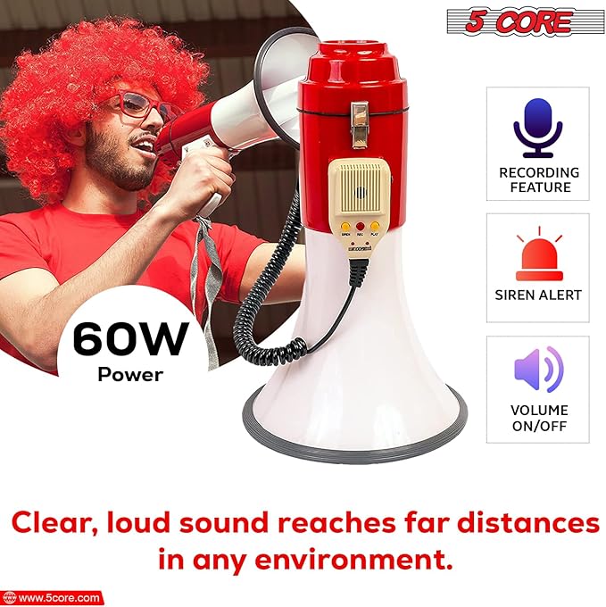5 CORE Megaphone 60W Bull Horn Professional PA Speaker w 1200 Yards Range Loud Siren Voice Amplifier USB/SD/3.5mm Aux Portable Megafono for Emergency Outdoor Sports and Coaches - 77SF