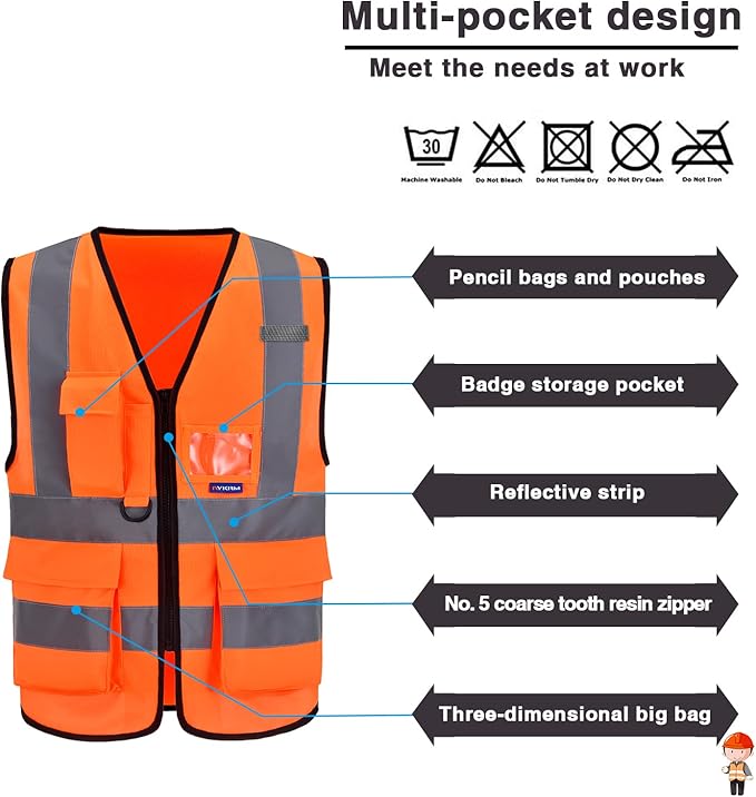 A-SAFETY High Visibility Safety Vest Reflective,Hi vis Working Vest,Orange Medium