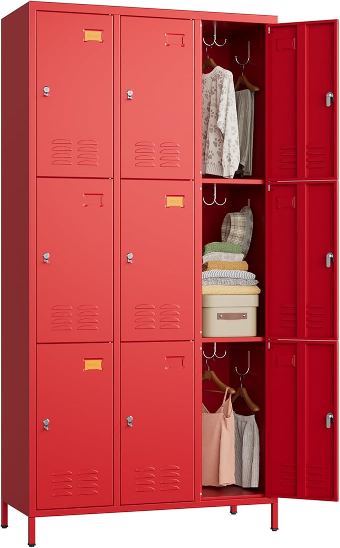 Metal Lockers for Employees with 9 Doors and 27 Hooks, 72”H Storage Locker with Card Slot for Office Gym School Bedroom, Red, Assembly Required