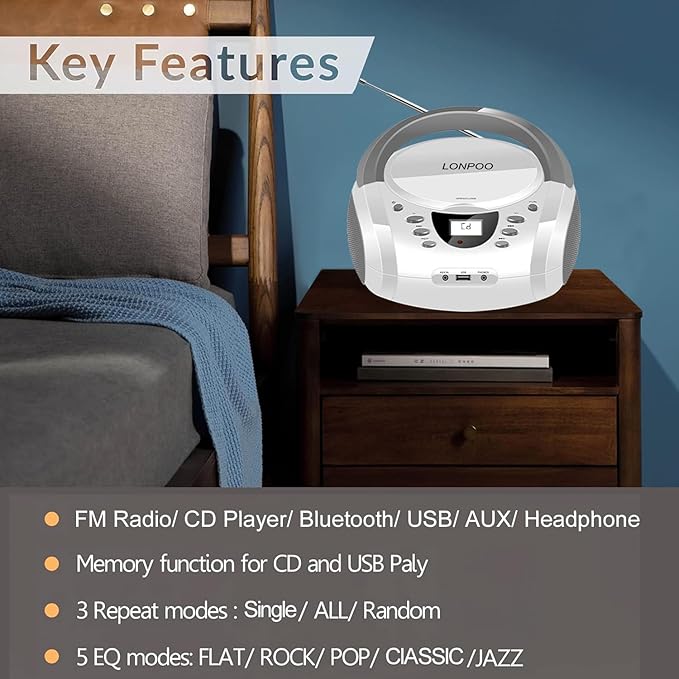 LONPOO CD Players Portable Boombox with FM Radio/USB/Bluetooth/AUX Input and Earphone Jack Output, Stereo Sound Speaker & Audio Player,White