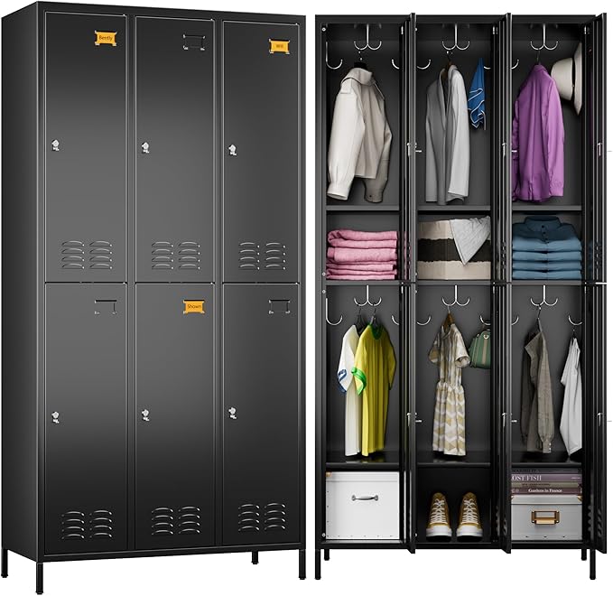 Metal Lockers for Employees with 6 Doors and 18 Hooks, 72”H Storage Locker with Card Slot for Office Gym School Bedroom, Black, Assembly Required