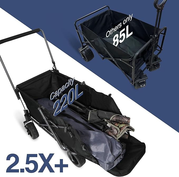 REDCAMP Folding Dog Wagon Cart with Extendable Rear End Heavy Duty, 220L Large Collapsible Utility Cart Dog Stroller with Tailgate for Sports Shopping Pet, Black