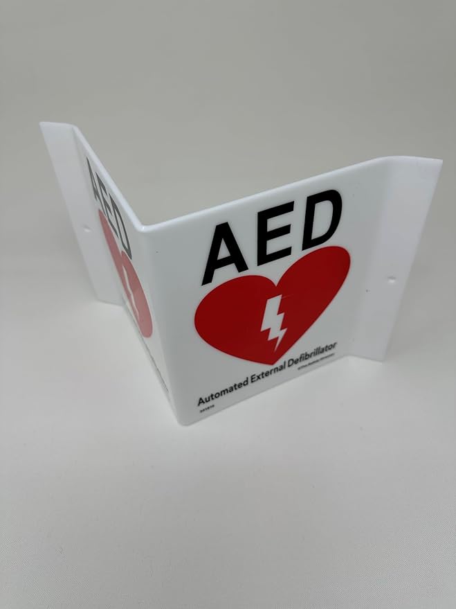9" Width x 6" Height x 4" Depth Acrylic, Black/Red on White Standard AED "V" Sign
