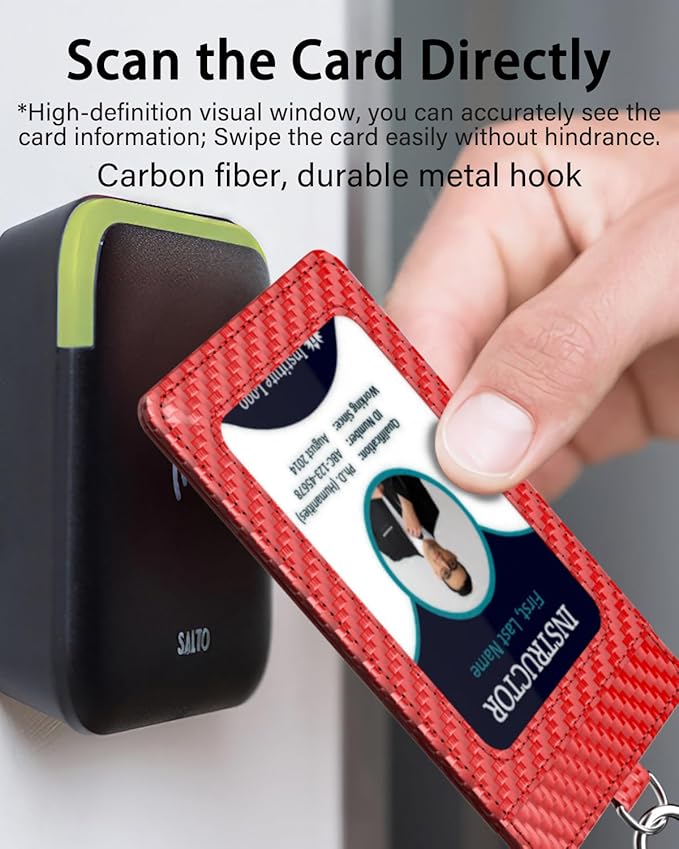 Carbon Fiber Work ID Card Holder with Lanyard is a Stylish and Durable Card Holder with Dual Card Capacity, Clear Display Window and Privacy Back Pocket (Red)