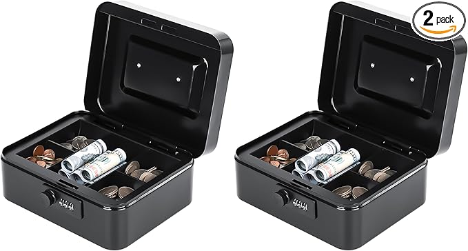 KYODOLED Metal Cash Box with Combination Lock & Money Tray - Secure Safe for Home, Office & Events, Ideal for Cash, Meds & Small Items, 7.87" x 6.30" x 3.35", Black, 2PACK