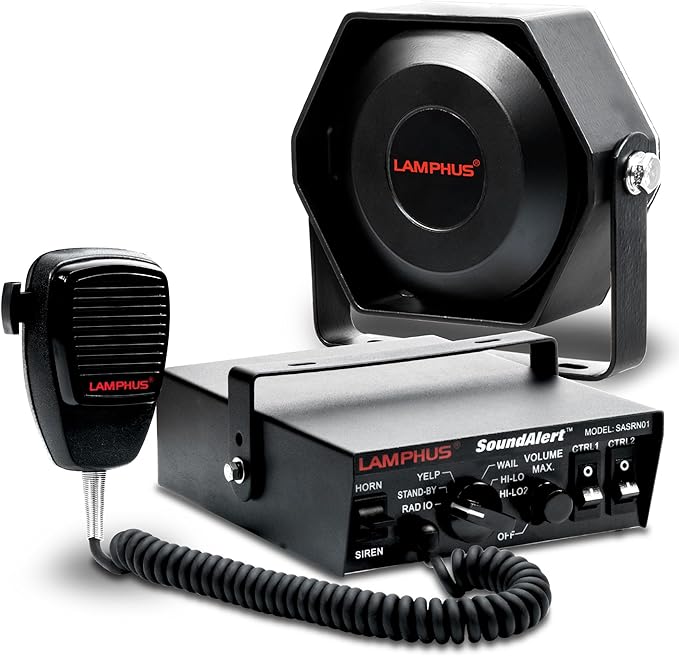 LAMPHUS SoundAlert 12V 100W Police Siren PA System Kit [Slim Speaker] [118-124dB] [Handheld Microphone] [Hands-Free] Warning Emergency Siren for Vehicles Tow Truck UTV ATV Van Car POV RV