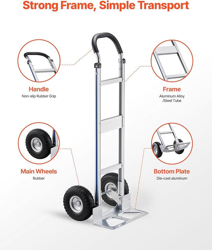VEVOR Aluminum Hand Truck, Heavy-Duty Hand Truck Dolly with Non-Slip Wheels & Handle, 500 LBS Aluminum Alloy Portable Trolley Dolly with Tie-Down Strap for Moving Home, Office, Warehouse