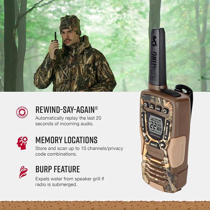 Cobra ACXT1035R FLT CAMO Waterproof Walkie Talkies - Rechargeable, Floats, 22 Channels, Long Range 37-Mile Two-Way Radio Set (2-Pack)