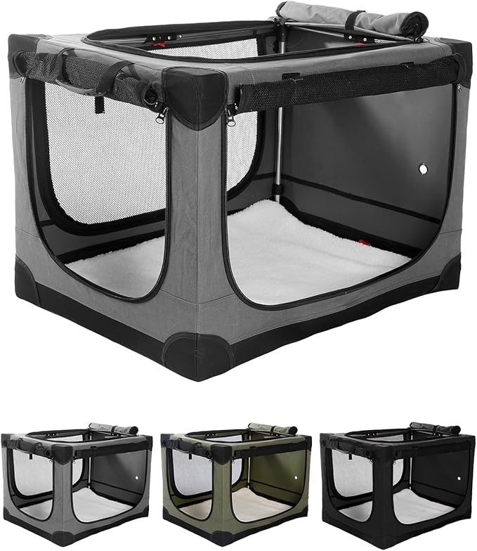 42 Inch Collapsible Travel Dog Crate for Medium Large Dogs, Portable Dog Crate 4-Door Foldable Soft Kennel with Durable Mesh Windows for Indoor & Outdoor Travel, with Storage Bag,Grey