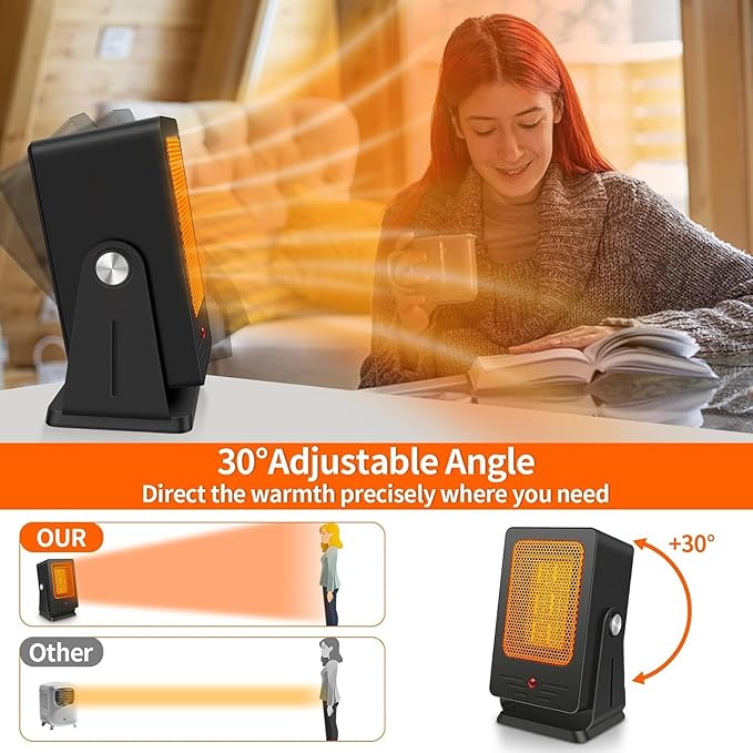 Space Heaters for Indoor Use,Desktop Small PTC Heater with 2s Fast Heating,Tip-Over&Overheat Protection,30°Adjustable Angle Portable Personal Electric Heater for Office,Bedroom