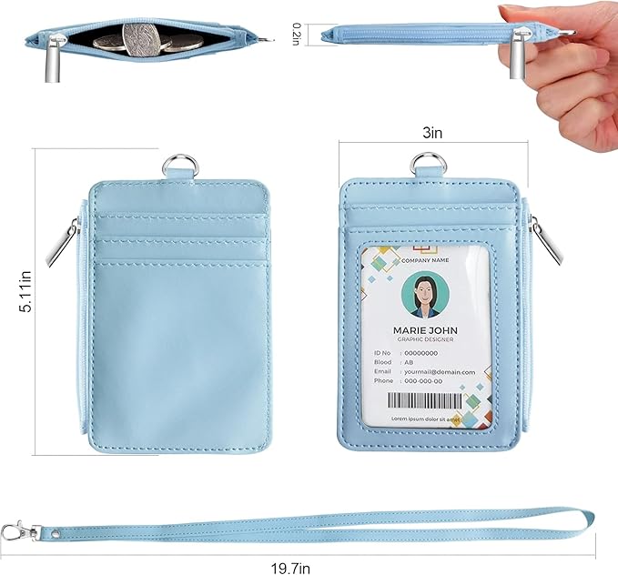 Bolimoss 2-in-1 ID Badge Holder & Lanyard Wallet, Credit Card Holders with Breakaway Neck Lanyard, Leather ID Name Badge 5 Card Slots Zipper Purses for Offices, School, Driver Licence, Baby Blue