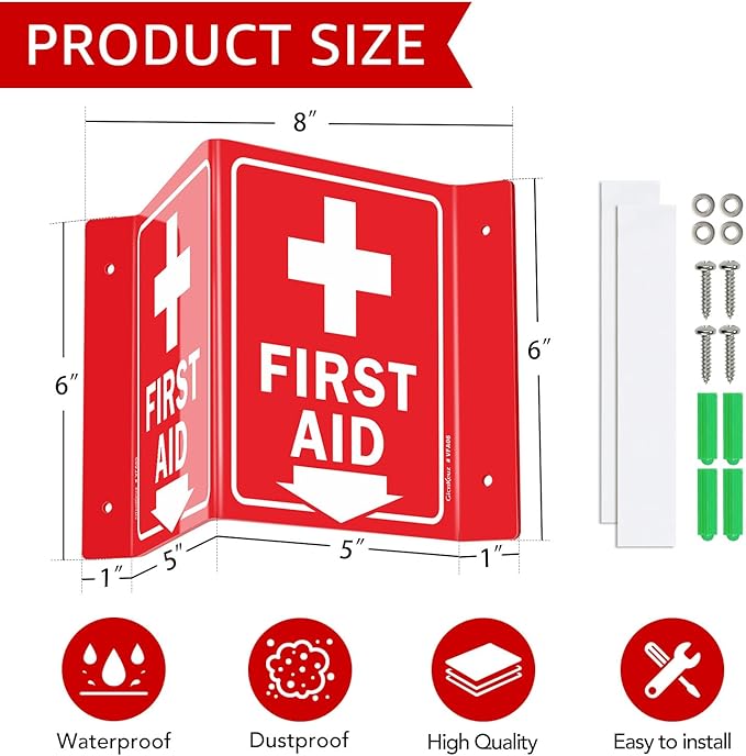 GicnKeuz First Aid Sign, 8" x 6" First Aid with Cross Symbol, Two-Sided Acrylic V-Sign for Business or Office or Wall Décor, Including Screws, Easy to Install (4 Pack)