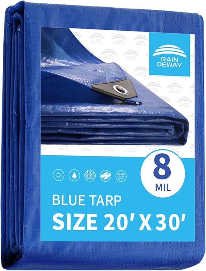 RAINDEWAY Large Tarps 20x30 Feet, 8 Mil Thick, UV Resistant, Multipurpose Waterproof Poly Tarp Cover with Metal Grommets and Reinforced Edges, Durable Blue Tarp